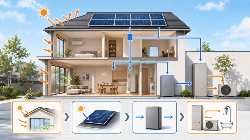屋根と窓で使う電気を減らし、太陽光でつくり、蓄電池にため、四角いエコキュートでお湯に使う住まい全体の流れ