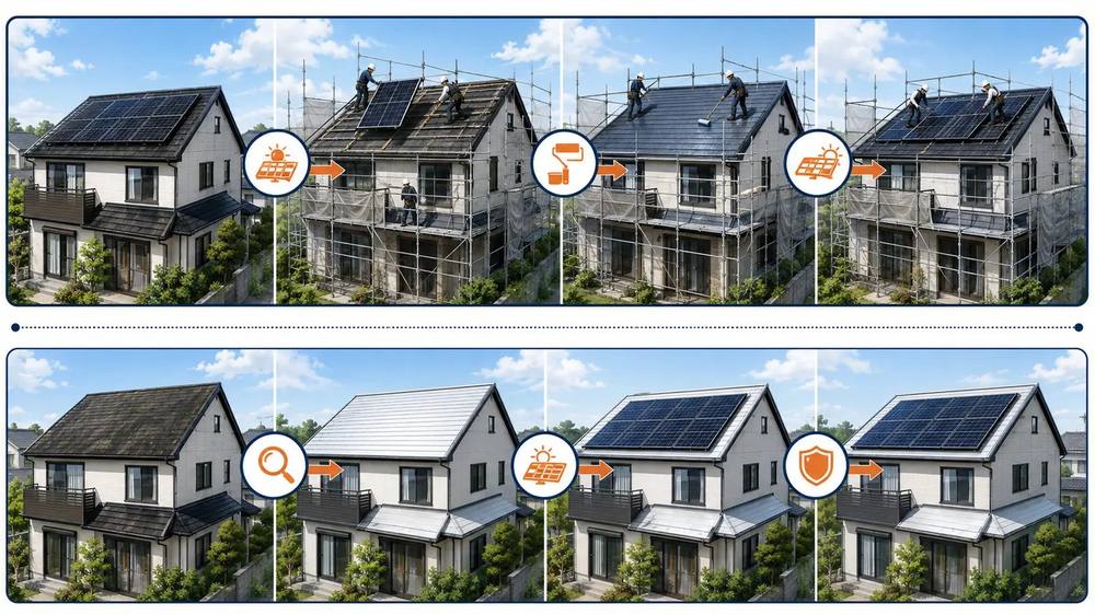 太陽光設置後に屋根工事をしてパネルを脱着する流れと、屋根を先に整えてから太陽光を設置する流れの比較
