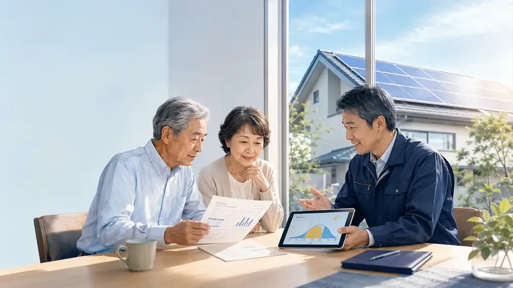 卒FITを迎えた戸建てで、余った電気の使い道を家族が相談する明るいイラスト