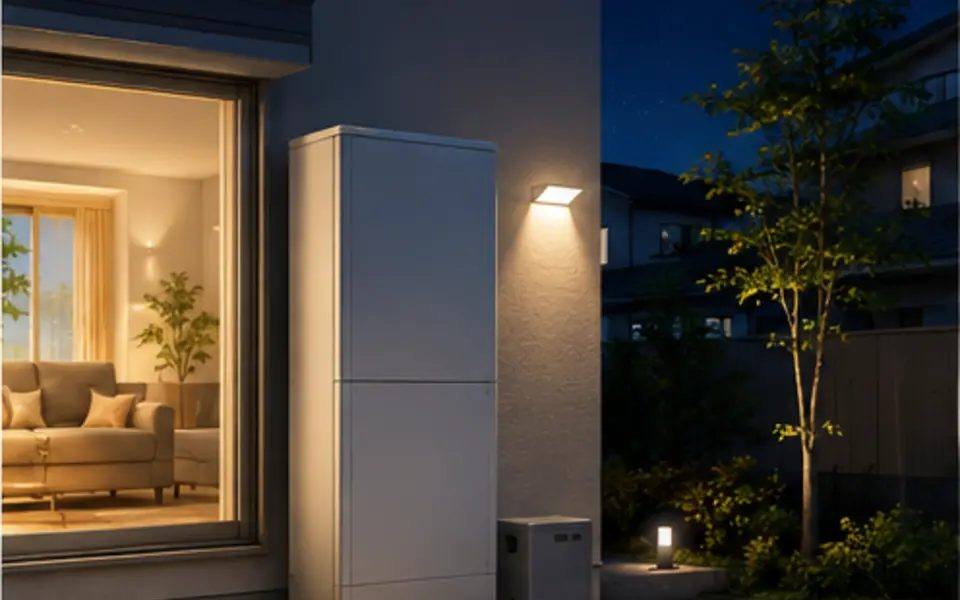 夜間と停電に備える四角い家庭用蓄電池のイラスト