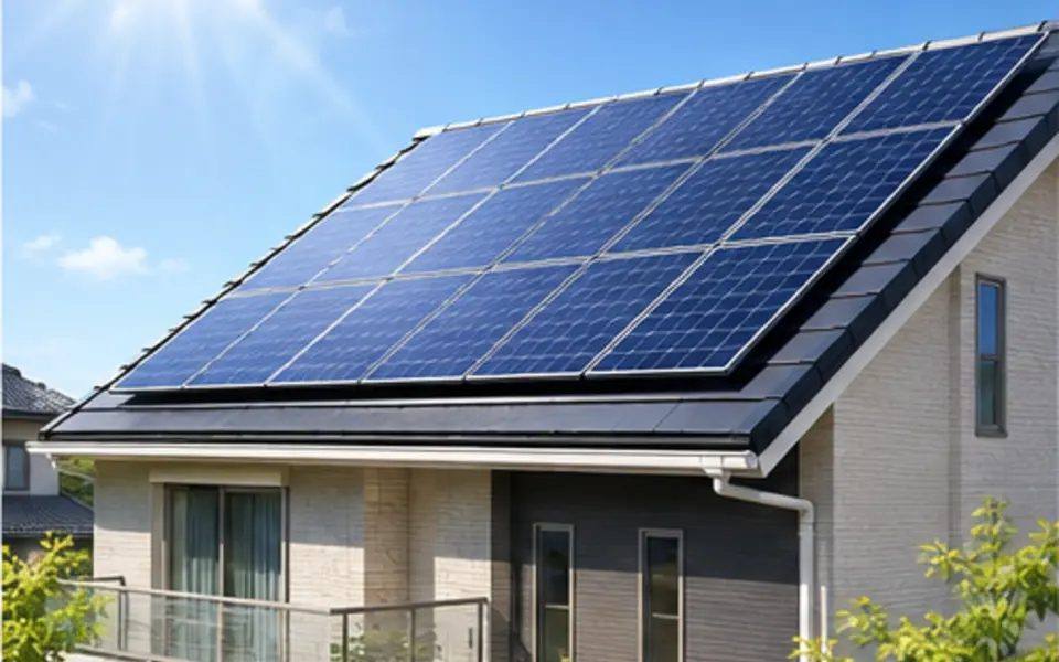 戸建て住宅の屋根に整然と設置された太陽光パネルのイラスト