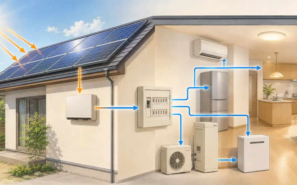 太陽光パネルで発電した電気がパワーコンディショナーと分電盤を通って家で使われる仕組み