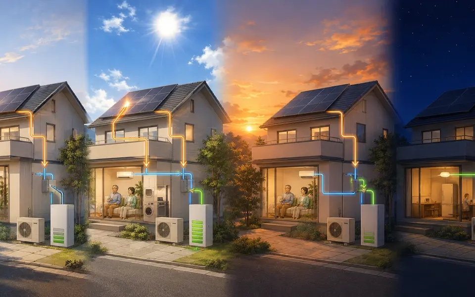 朝昼夕夜で変わる太陽光発電と自家消費と蓄電池の電気の流れ