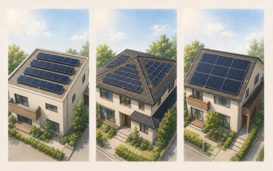 太陽光パネルのメーカーごとの寸法と屋根への納まりを比較するイラスト