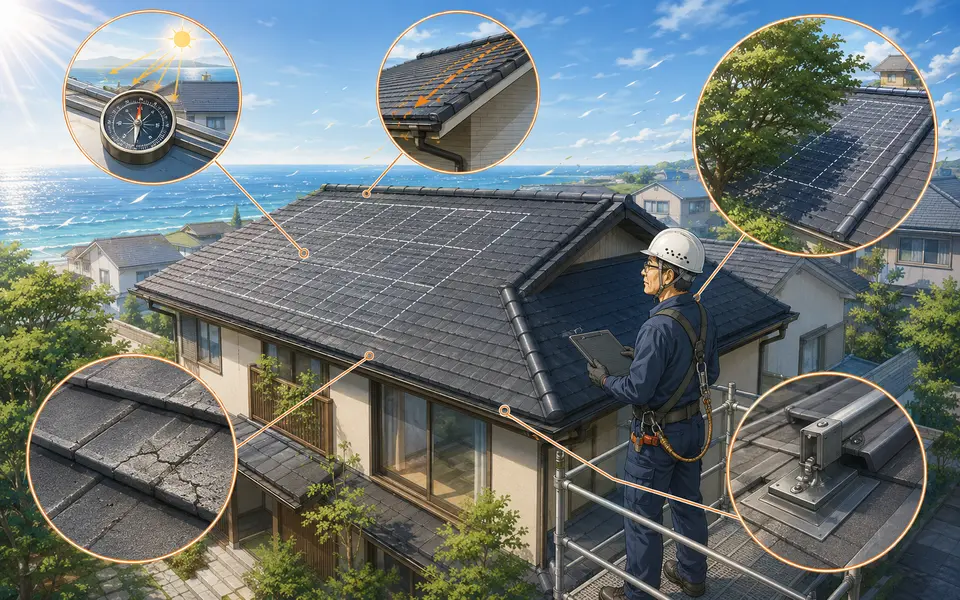 太陽光設置前に屋根の方位・勾配・劣化・影・固定方法を確認する技術者