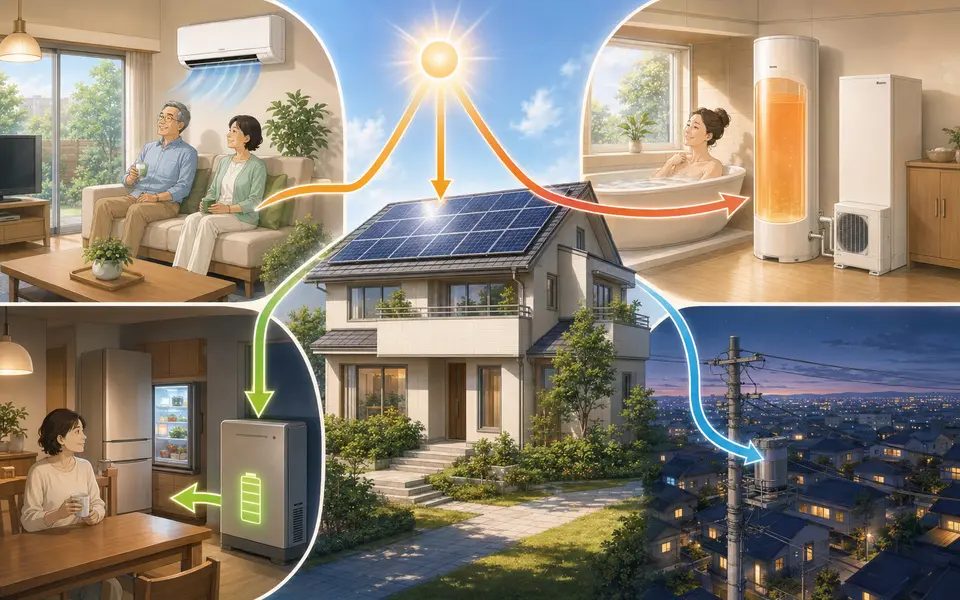 太陽光・蓄電池・おひさまエコキュートの組み合わせを比較するイラスト