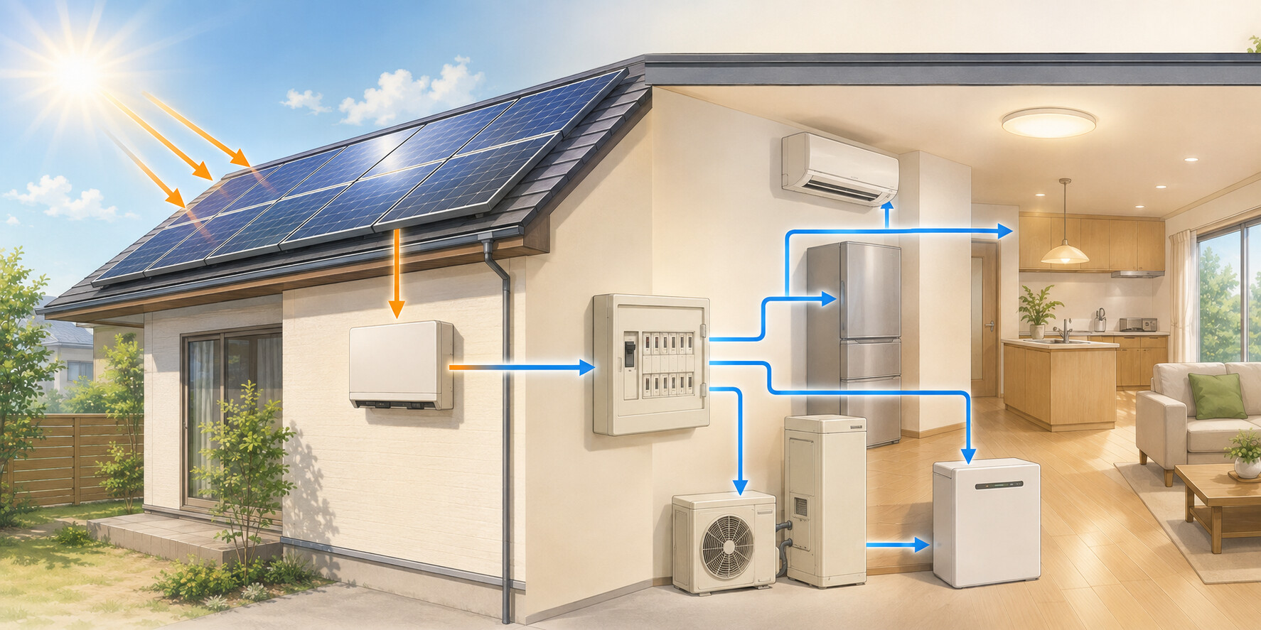 太陽の光から太陽光パネル、パワーコンディショナー、分電盤を通って家電へ電気が届くまでの流れ