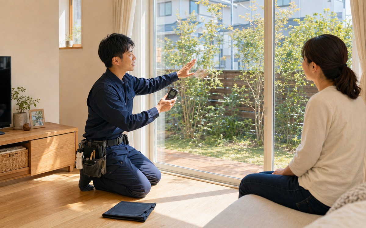 寺嵜が窓を確認して提案する様子