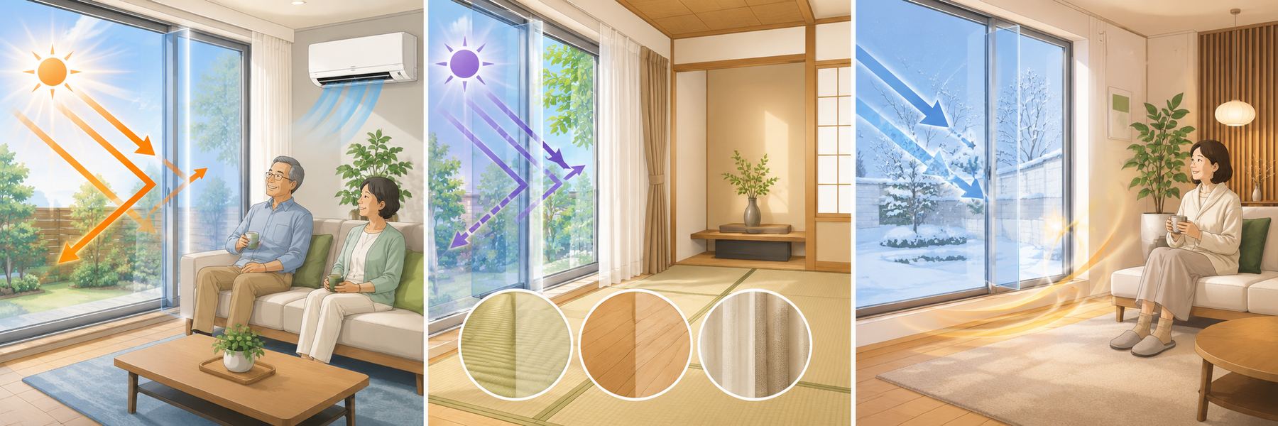 赤外線による夏の暑さ、紫外線による内装の劣化、冬の窓際の冷えを示すイラスト