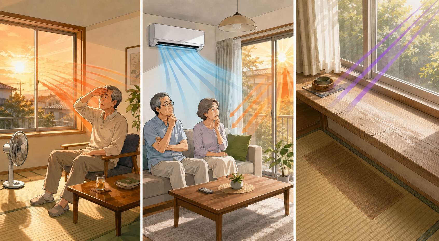 西日の暑さ、冷房が効きにくい部屋、窓辺の日焼けと劣化を示すイラスト