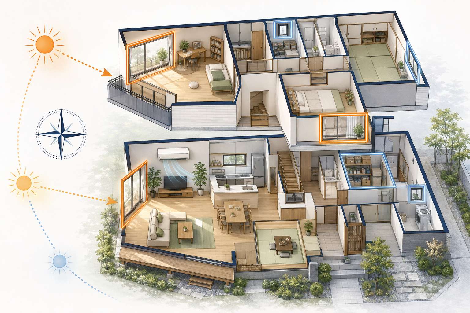 西日が入る窓や長時間過ごす部屋から優先して対策を考える住宅のカットモデル図