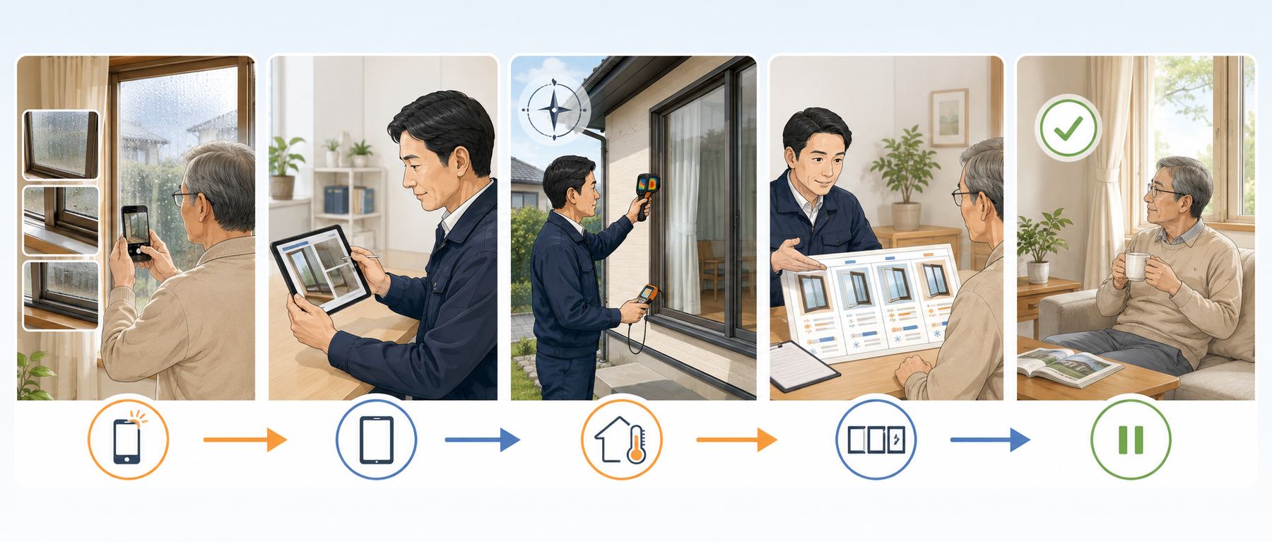 窓の写真送付、施工可否の確認、現地確認、複数案の比較見積り、自宅での検討という5段階の相談手順のイラスト